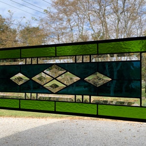 HoneyDewGlass Smokey Blue and Moss Green Diamond Stained Glass Panel, 9.5" X 27.5"