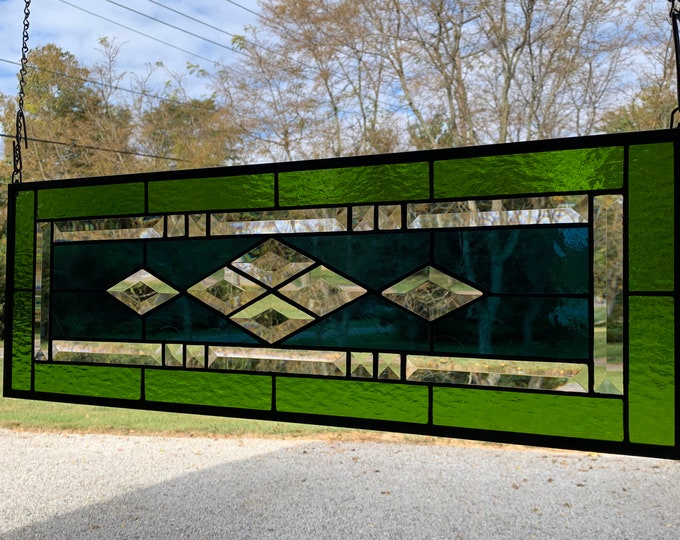 HoneyDewGlass Smokey Blue and Moss Green Diamond Stained Glass Panel, 9.5" X 27.5"