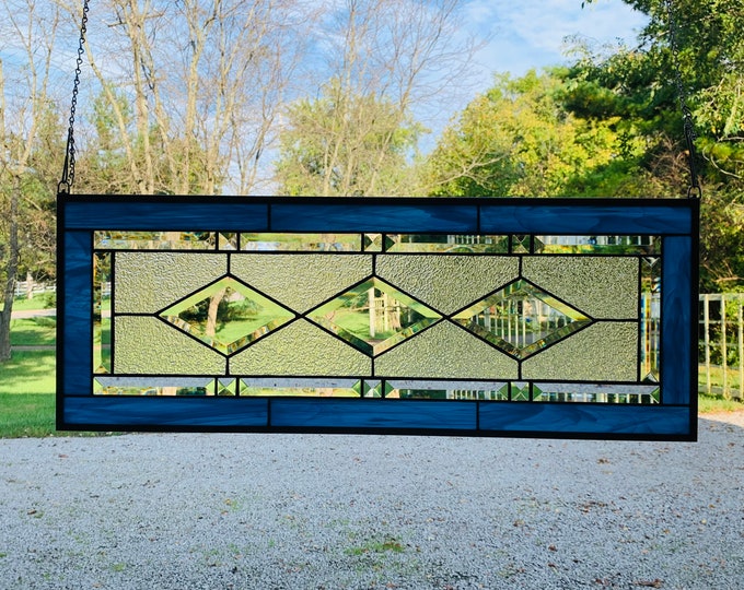 HoneyDewGlass Dark Aqua Stained Glass Panel with Three Diamonds, 11.5" X 30.5”