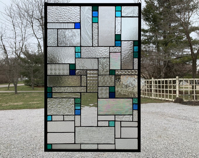 HoneyDewGlass Geometric Stained Glass Panel with Blue and Green Accents, 16.5" X 25.5"