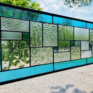 HoneyDewGlass Turquoise Geometric Stained Glass Panel, 9.5" X 27.5"