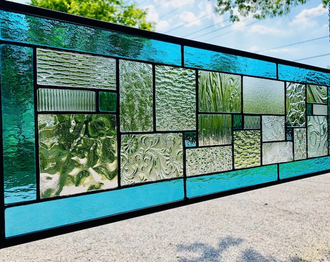 HoneyDewGlass Turquoise Geometric Stained Glass Panel, 9.5" X 27.5"