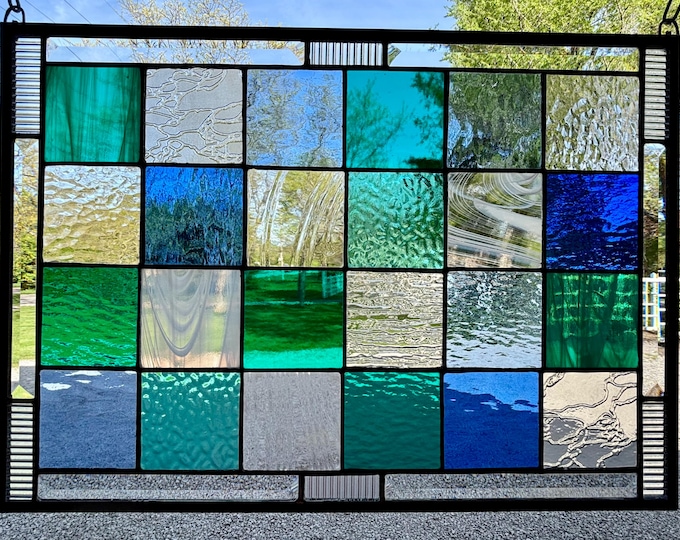 HoneyDewGlass Beach Tone Square Tudor Stained Glass, 14.75” x 21”