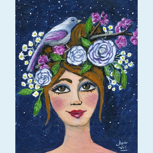 Bird on my Head Whimsical Portrait Print 8" X 10" on Paper, Free Shipping