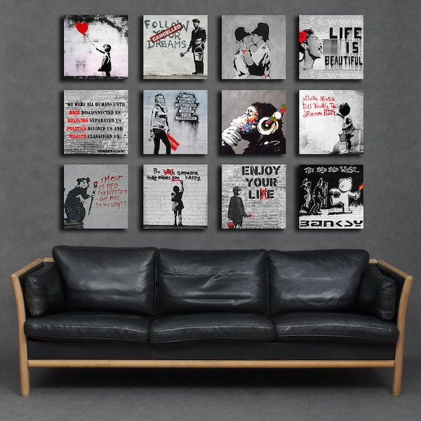 Banksy Graffti Artist Set of 12 Canvas Prints Wall Art Modern Controversial Thought Provoking Artwork Home Business Square *FREE DELIVERY!*
