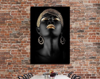 African Black Woman Lady Model Gold Makeup Lips Head Wear Beads Portrait Deep Canvas Print Modern Culture Wall Art Picture *FREE DELIVERY*