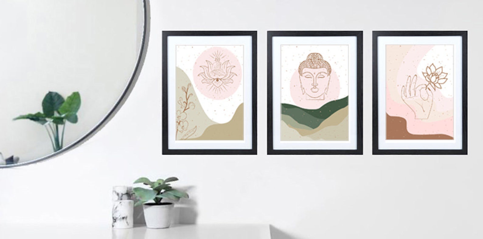 Neutral Buddha Lotus Flower Meditation Line Drawing Set of 3 Etsy