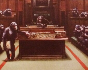 Artery8 Quadro Con Cornice Banksy - Devolved Parliament Scimmie - Stampa Artistica A4 21x29,7 Cm