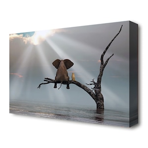 The Elephant & The Dog Best Friends Sitting In Tree On Branch Safe From Flood Sea Modern Canvas Print Wall Art Picture Home *FREE DELIVERY*