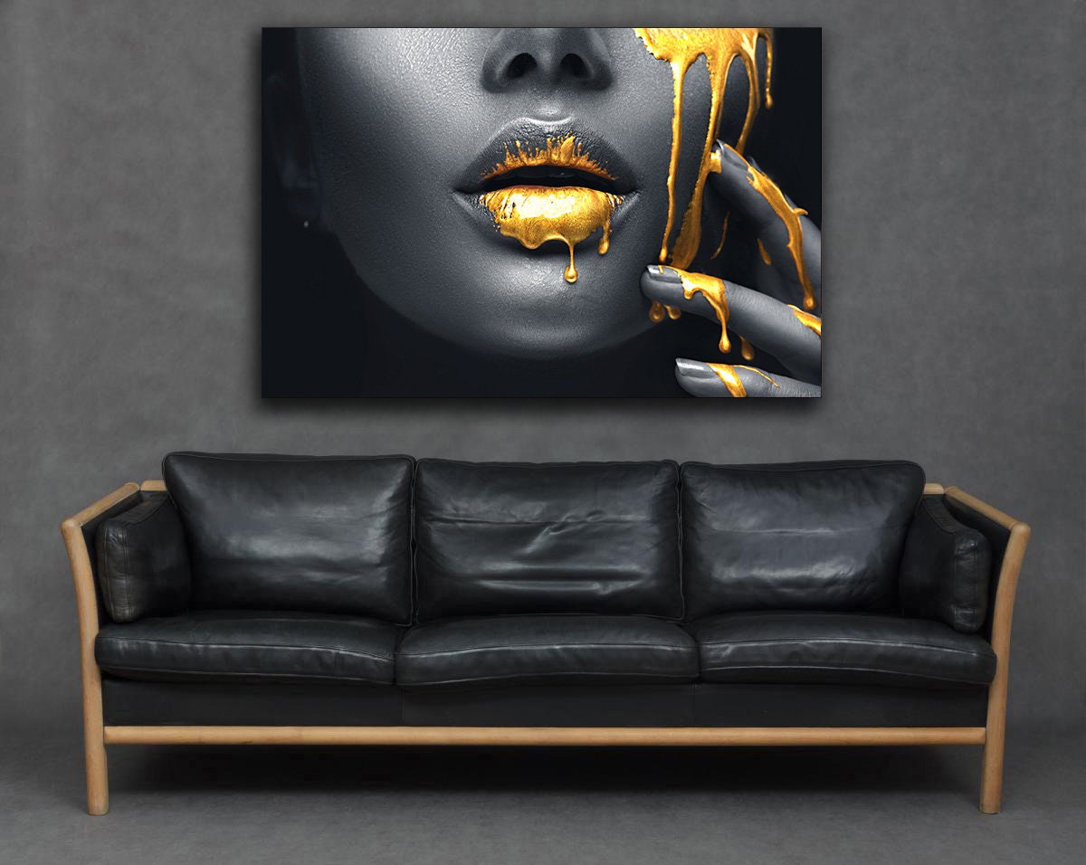Beauty Woman with Golden Metallic Skin. Gold Paint Smudges Drips from the  Face and Lips Stock Image - Image of colour, lipgloss: 151974497
