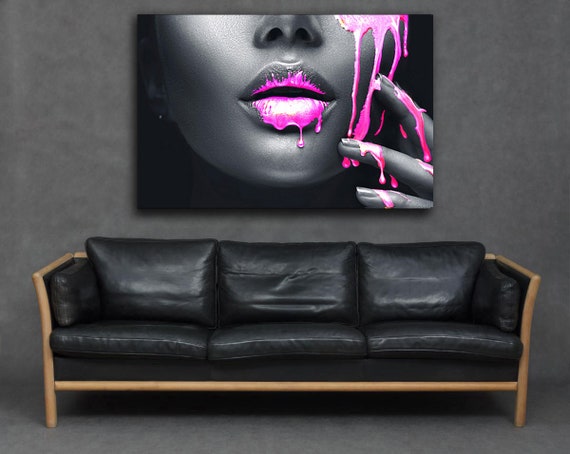 Painted lips on black background Canvas Print for Sale by