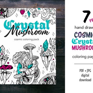 Adult Coloring Book | Crystal Mushroom - Coloring Pack | Printable PDF Coloring Book, digital download | 7 color pages | Print at home