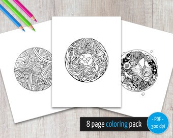 Mandala Coloring Pages | Printable Coloring Set |  Circle Colouring | PDF 8 Color Pages | Digital Download | Zen Doodle Art | Relaxing