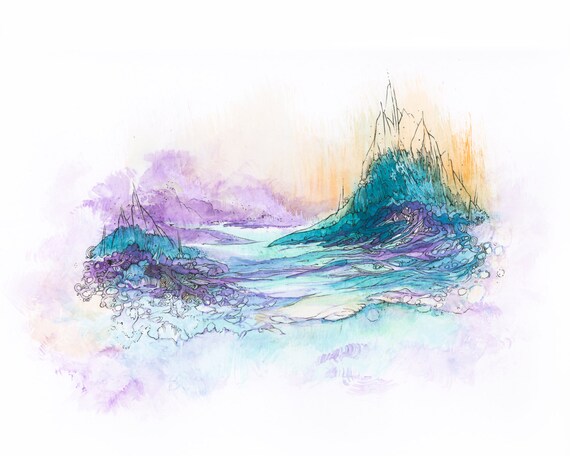 印刷可能な壁アート、ファンタジー風景、水彩画の山 | モダンな装飾 