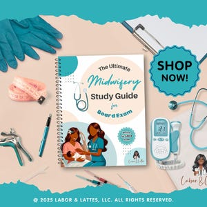Puede incluir: Imagen que presenta una guía de estudio de partería y suministros médicos. La guía está encuadernada en espiral con ilustraciones de profesionales médicos. Otros elementos incluyen un estetoscopio, guantes, una cinta métrica y un doppler fetal. El texto "SHOP NOW!" es visible.