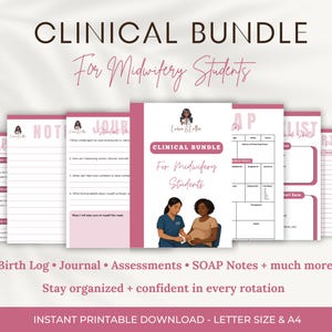 Peut inclure: Ensemble de documents imprimables pour les étudiants en maïeutique. Le titre "Clinical Bundle For Midwifery Students" est affiché dans une police élégante. Les documents comprennent des journaux de naissance, des journaux et des formulaires d'évaluation. La palette de couleurs est principalement rose et blanc.