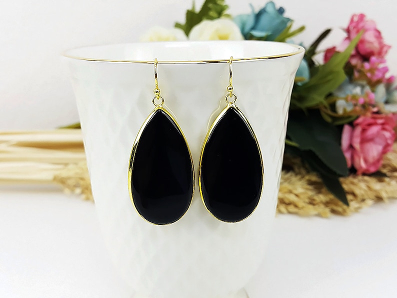 Piida Black Quartz Water Drop Earring Cat Eye Stone Jewelry Long Earring Dangle Earring Bridesmaid Gift For Mom Gift For Her