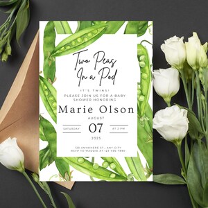 Customizable Two Peas In A Pod Twin Baby Shower Invitation – Custom Green Pea Pod Design, Personalized & Emailed Within 48 Hours