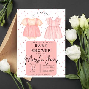 Customizable Twin Girls Baby Shower Invitation – Custom Pink Dress Design, Personalized & Emailed Within 48 Hours