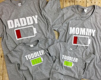 Funny Shirt Set for Tired New Parents, Sleepy Mom and Dad Gift, Low Battery Shirts