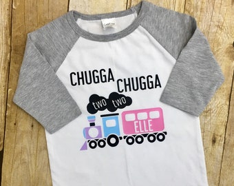 Girl Train Birthday Shirt, Chugga Chugga Two Two Shirt, 2 Year Old Raglan, Custom Second Birthday Outfit