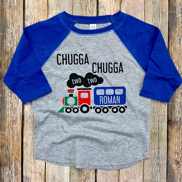 Chugga Chugga Two Two Shirt, 2 Year Old Train Birthday Raglan, Personalized Second Birthday Shirt