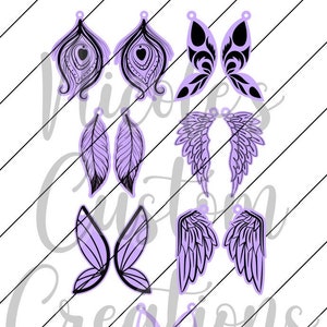 Puede incluir: Conjunto de ocho diseños de pendientes de color morado y negro con plumas, alas y mariposas. Estos diseños son perfectos para crear joyas únicas.
