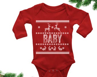 Costume di Natale divertente del bambino. Brutto maglione bambino Body. Bambino di Natale. Un pezzo. Concorso di brutto maglione. Bambino. Appena nato. Manica lunga bambino