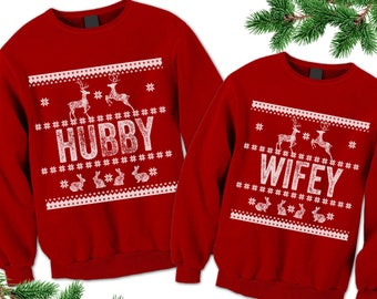 Hubby Wifey Unisex Ugly Sweaters. Ugly Family Sweatshirt. Couples Sweatshirts. Tacky Christmas Sweater. Wedding Engagement Christmas gift.