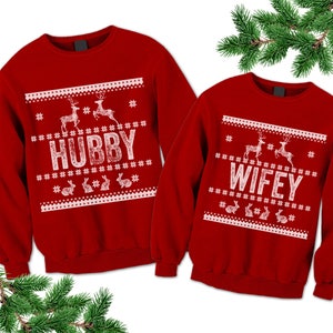 Couples Sweatshirts. Hubby Wifey Unisex Ugly Sweaters. Ugly Family Sweatshirt. Tacky Christmas Sweater. Wedding Engagement Christmas gift. image 2