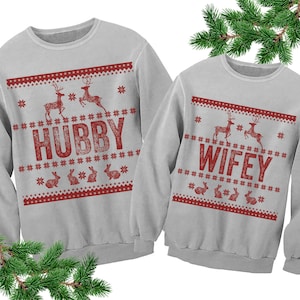 Hubby Wifey Matching Christmas Sweatshirts: Ugly Sweater Couple Set