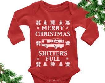 Merry Christmas Shitter's Full Bodysuit. Ugly Christmas Vacation Bodysuit. Christmas Sweater Toddler. Tacky. Funny Photo Outfit. Newborn