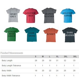 May include: A chart showing the finished measurements for t-shirts in different sizes. The chart shows the body length, body length tolerance, body width, and body width tolerance for sizes S, M, L, XL, 2XL, and 3XL. The measurements are in inches.