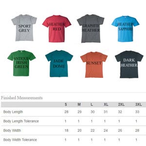 May include: A chart showing the finished measurements for t-shirts in different sizes. The chart shows the body length, body length tolerance, body width, and body width tolerance for sizes S, M, L, XL, 2XL, and 3XL. The measurements are in inches.
