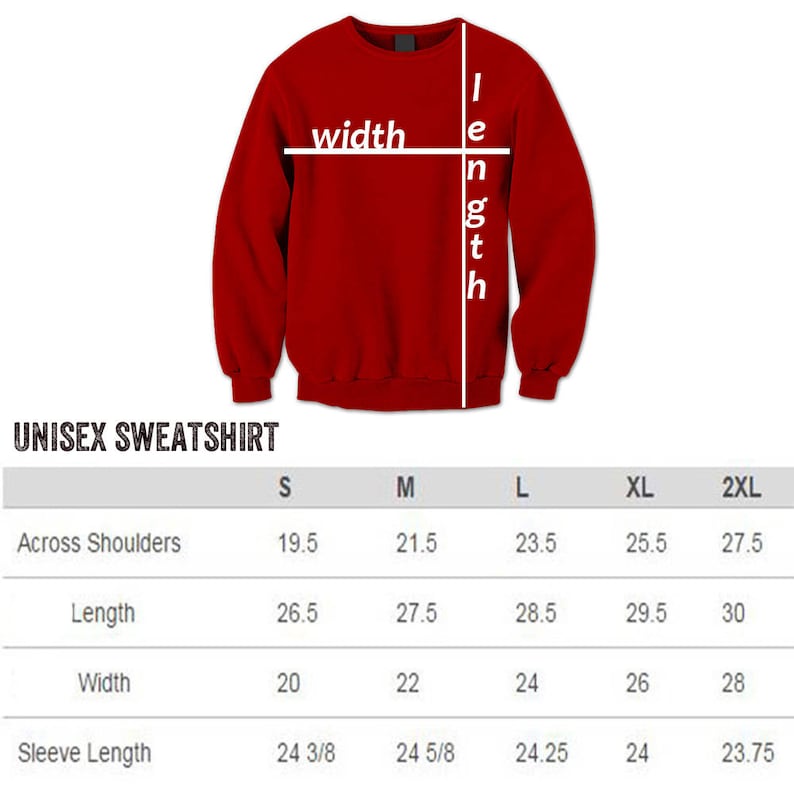 Op de afbeelding: Unisex sweatshirt maattabel met metingen in inches voor schouderbreedte, lengte, breedte en mouwlengte. De maten omvatten S, M, L, XL en 2XL.