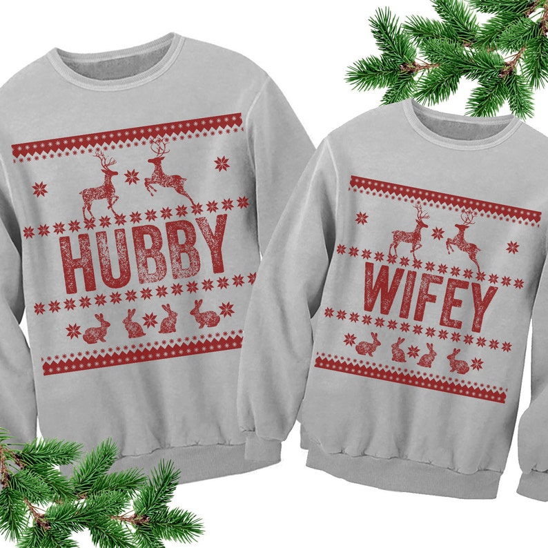 Couples Sweatshirts. Hubby Wifey Unisex Ugly Sweaters. Ugly Family Sweatshirt. Tacky Christmas Sweater. Wedding Engagement Christmas gift. image 1