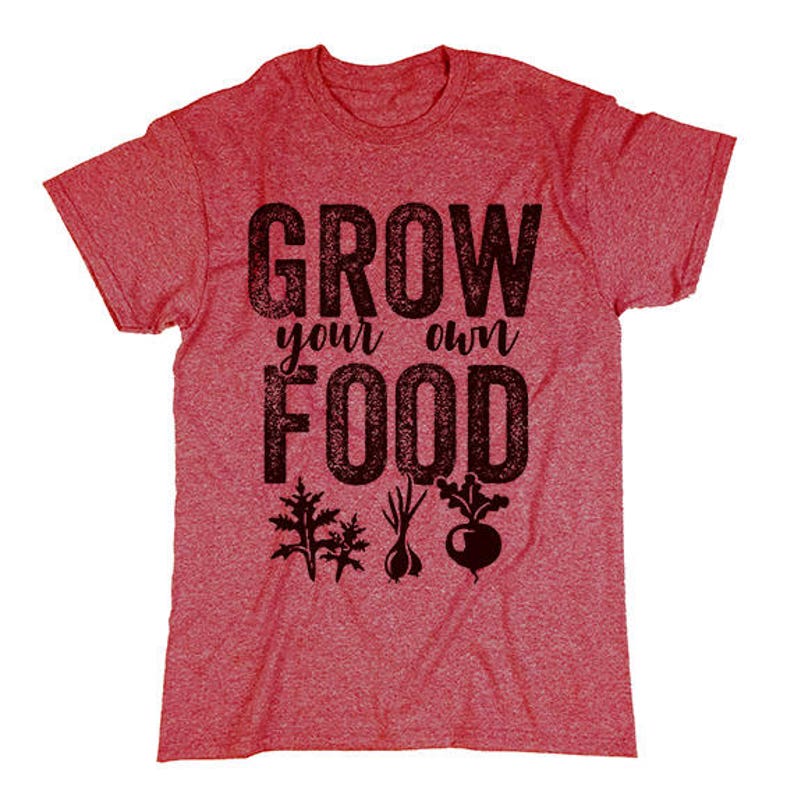 May include: Red t-shirt with the text "Grow your own food" in black lettering. The text has a distressed look. There are three small black and white illustrations of vegetables below the text.
