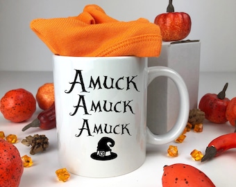 Amuck Amuck Ceramic Mug. Happy Halloween Mug. Coffee Mug.  Funny Gift. Fall Ceramic Halloween Mug. Funny Saying Mug.