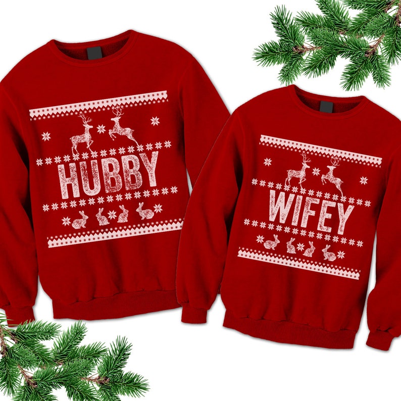 Couples Sweatshirts. Hubby Wifey Unisex Ugly Sweaters. Ugly Family Sweatshirt. Tacky Christmas Sweater. Wedding Engagement Christmas gift. image 2