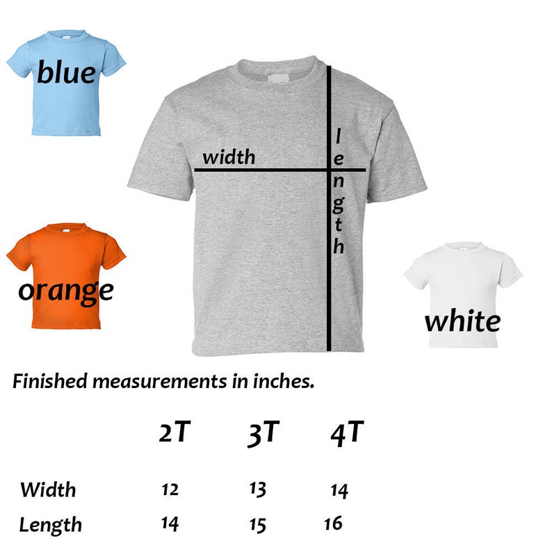 K&ouml;nnte beinhalten: Gr&ouml;&szlig;entabelle f&uuml;r ein T-Shirt in den Gr&ouml;&szlig;en 2T, 3T und 4T. Die Tabelle zeigt die Breite und L&auml;nge in Zoll. Das T-Shirt ist in Blau, Orange und Wei&szlig; erh&auml;ltlich.