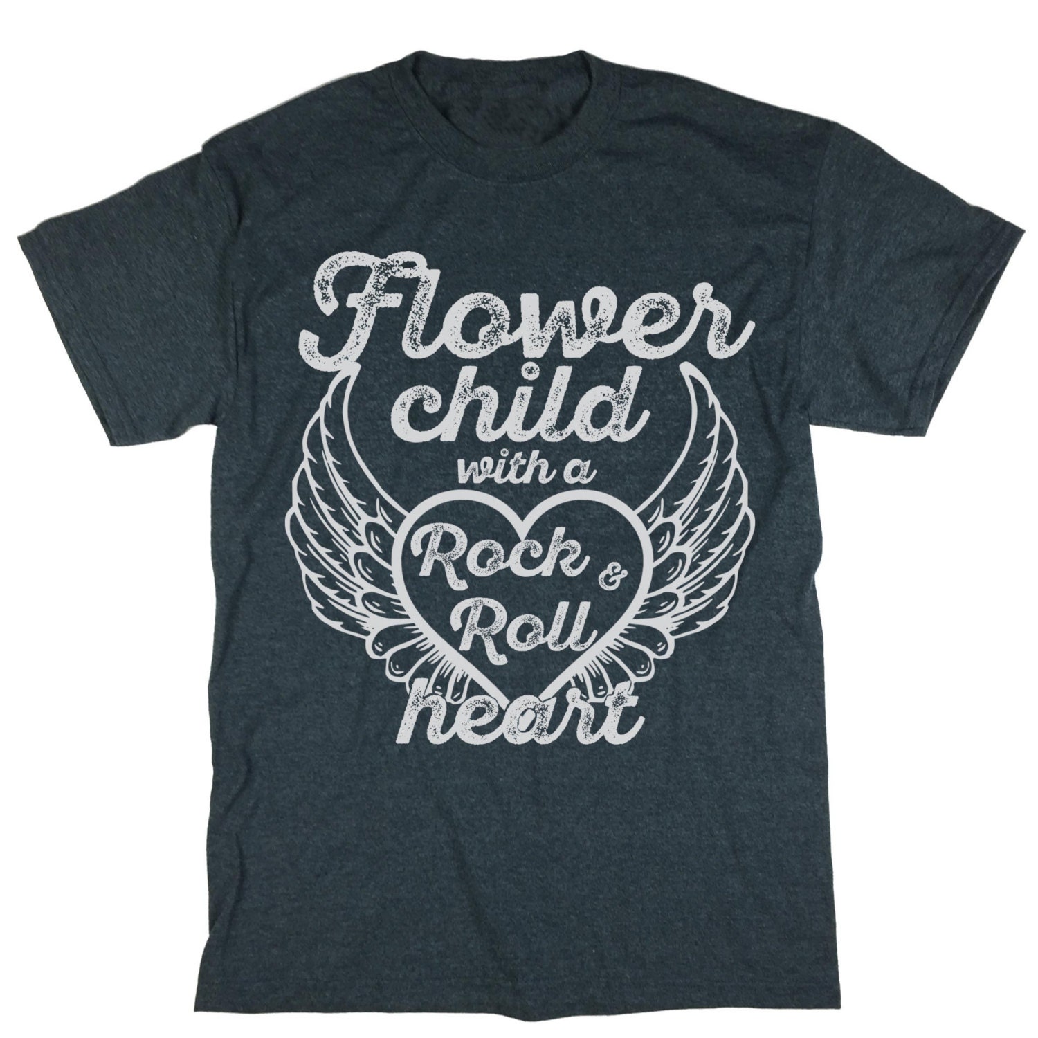 flower child with a rock and roll heart shirt