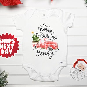 Personalized Truck Onesie® - Custom Name Christmas Bodysuit - Truck Christmas Onesie® - Pickup Truck Outfit - Merry Christmas