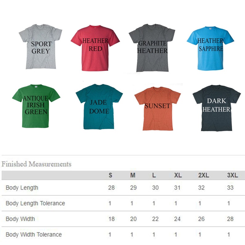 Puede incluir: Un gr&aacute;fico que muestra las medidas finales de las camisetas en diferentes tallas. El gr&aacute;fico muestra la longitud y el ancho del cuerpo en pulgadas para las tallas S, M, L, XL, 2XL y 3XL. El gr&aacute;fico tambi&eacute;n muestra la tolerancia para cada medida.