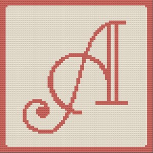 May include: A square cross-stitch pattern featuring a large, ornate, coral-red letter A centered on a cream-colored background. The design is enclosed within a solid coral-red border, creating a clean, grid-like aesthetic for embroidery projects.