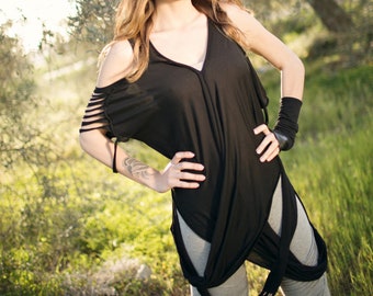 Cyberpunk Slashed Sleeve Top: Ripped Wrap, Cold Shoulder