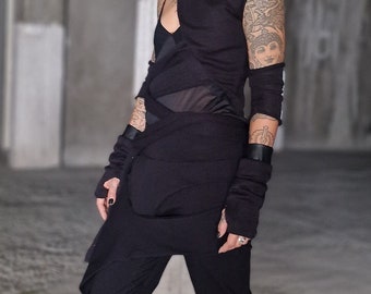 Black Faux Leather Fingerless Gloves: Cotton Knit Arm Warmers, Cyberpunk