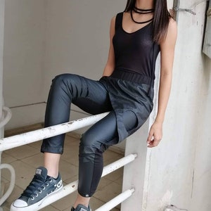 Faux Leather Skirt Overlay Pants • Pleated Mid-Rise Relaxed Fit • Minimal Streetwear Gift for Her