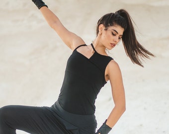 Black Cotton Tank Top: Stretchy Fitted Sleeveless Tee, Cyberpunk Fashion