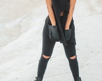 Zip knee leggings/Black cotton cut out knee leggings