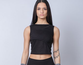 Ausgefallenes ärmelloses Crop Top für Frauen / Schwarzes Baumwoll-Tank Top / Rocker-Tank / Weiches, bequemes kurzes Oberteil / Clubfitwear / Basic Regular Fit Top